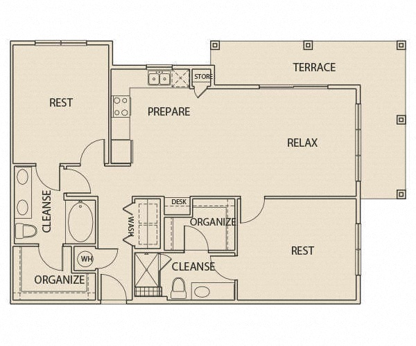 Floor plan for 2 beds, 2 baths, 1317 sqft